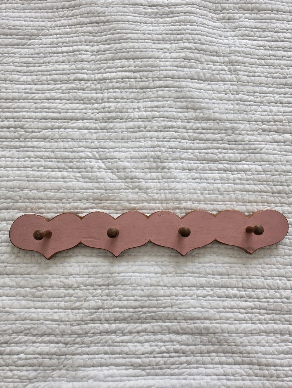Vintage Cottagecore Scalloped Wooden Wall Coat Rack | Hand Painted Pink Peg Rack